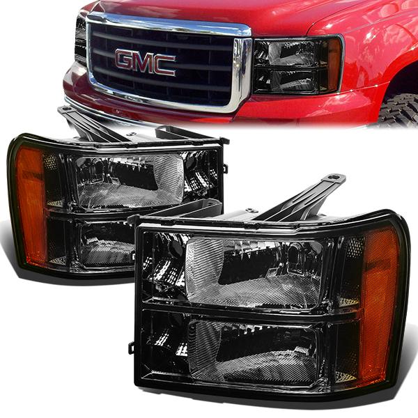 07-14 GMC Sierra 1500 2500 3500 Headlights - Smoked Housing - Amber Corner - Plug-n-Play - Pair