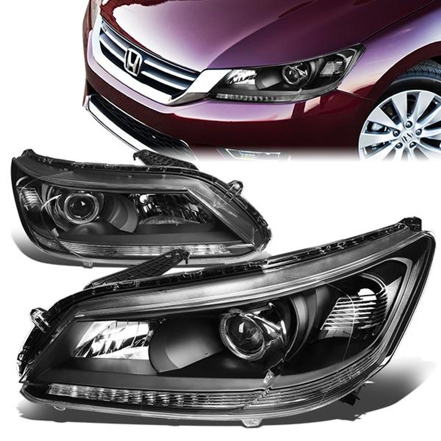 13-15 Honda Accord Headlights - Black Housing - Clear Corner - Projector - Plug-n-Play - Pair