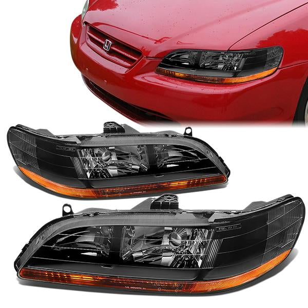 98-02 Honda Accord Headlights - Black Housing - Amber Corner - Plug-n-Play - Pair