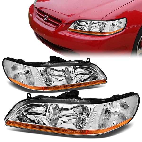 98-02 Honda Accord Headlights - Chrome Housing - Amber Corner - Plug-n-Play - Pair