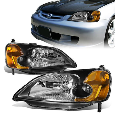 01-03 Honda Civic Headlights - Black Housing - Amber Corner - Plug-n-Play - Pair