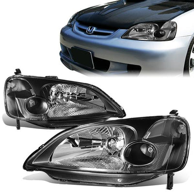 01-03 Honda Civic Headlights - Black Housing - Plug-n-Play - Pair