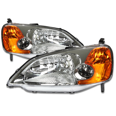 D-Motoring - Headlights - Chrome Housing - Amber Corner - Plug-n-Play - Pair - 01-03 Honda Civic - 3