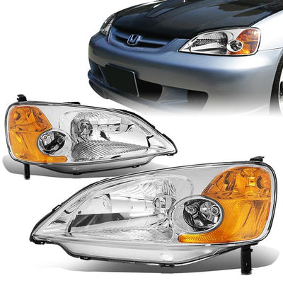 01-03 Honda Civic Headlights - Chrome Housing - Amber Corner - Plug-n-Play - Pair