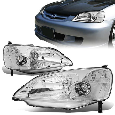 01-03 Honda Civic Headlights - Chrome Housing - Plug-n-Play - Pair