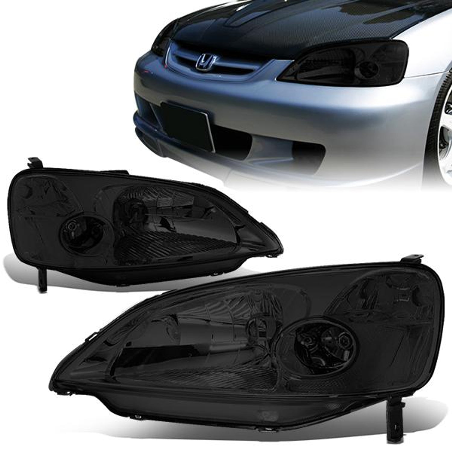 01-03 Honda Civic Headlights - Smoked Housing - Plug-n-Play - Pair
