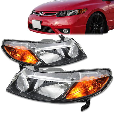 06-11 Honda Civic Headlights - Black Housing - Amber Corner - Plug-n-Play - Pair