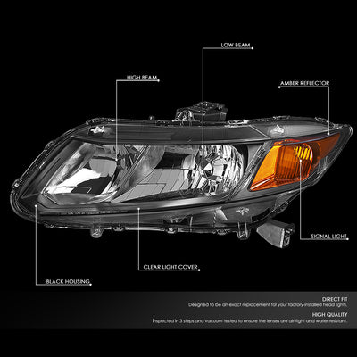 D-Motoring - Headlights - Black Housing - Clear Lens - Amber Corner - Plug-n-Play - Pair - 12-15 Honda Civic - 2