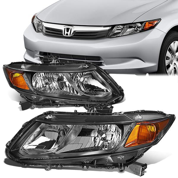 12-15 Honda Civic Headlights - Black Housing - Clear Lens - Amber Corner - Plug-n-Play - Pair