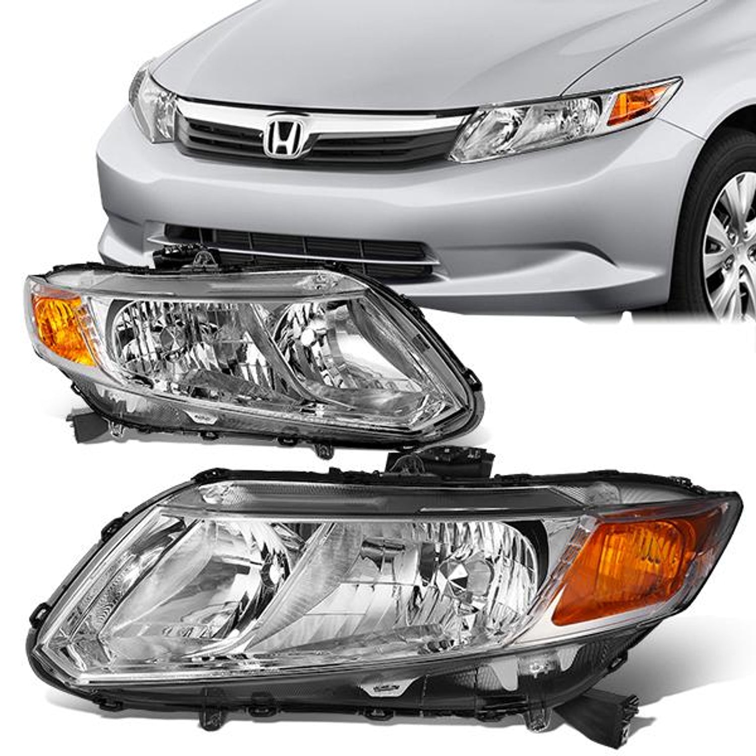 12-15 Honda Civic Headlights - Chrome Housing - Clear Lens - Amber Corner - Plug-n-Play - Pair
