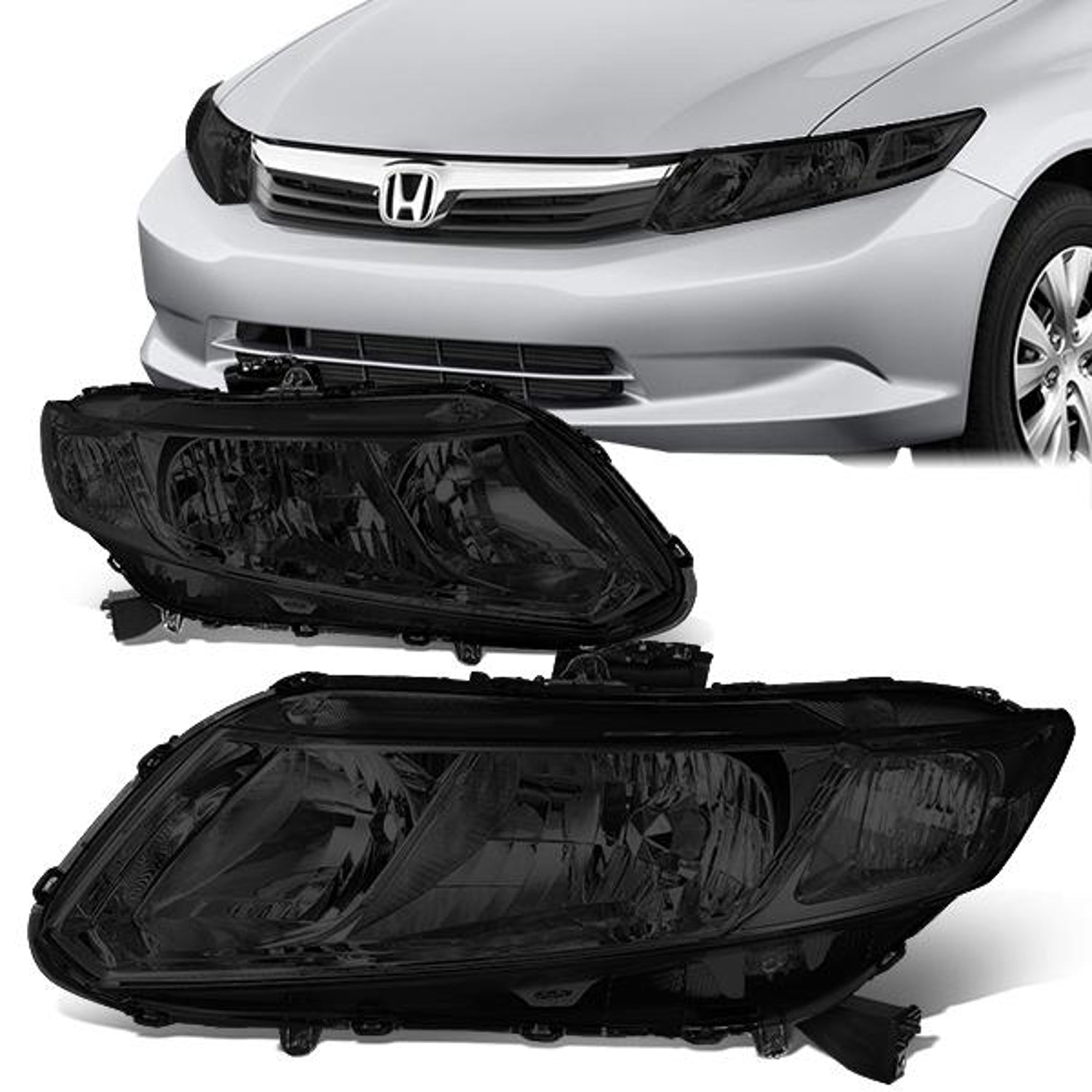 12-15 Honda Civic Headlights - Smoked Lens - Clear Corner - Plug-n-Play - Pair