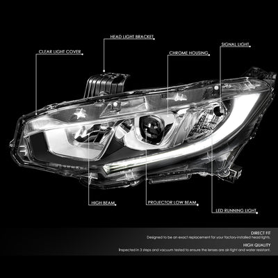 D-Motoring - 16-18 Honda Civic Headlights - Clear Lens - Projector - Plug-n-Play - Pair - 2