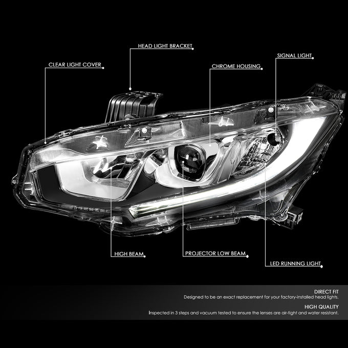 D-Motoring - 16-18 Honda Civic Headlights - Clear Lens - Projector - Plug-n-Play - Pair - 2