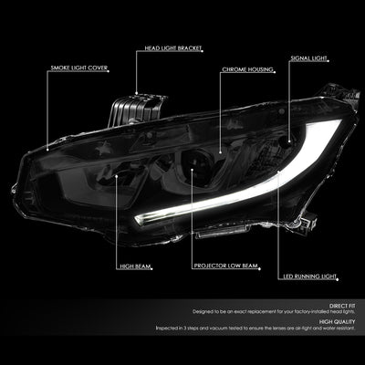 D-Motoring - 16-18 Honda Civic Headlights - Smoked Lens - Projector - Plug-n-Play - Pair - 2