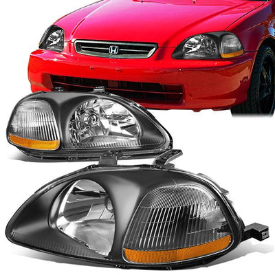 96-98 Honda Civic Headlights - Black Housing - Amber Corner - Plug-n-Play - Pair