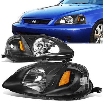 99-00 Honda Civic Headlights - Black Housing - Amber Corner - Plug-n-Play - Pair