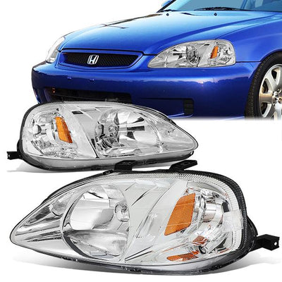 99-00 Honda Civic Headlights - Chrome Housing - Amber Corner - Plug-n-Play - Pair