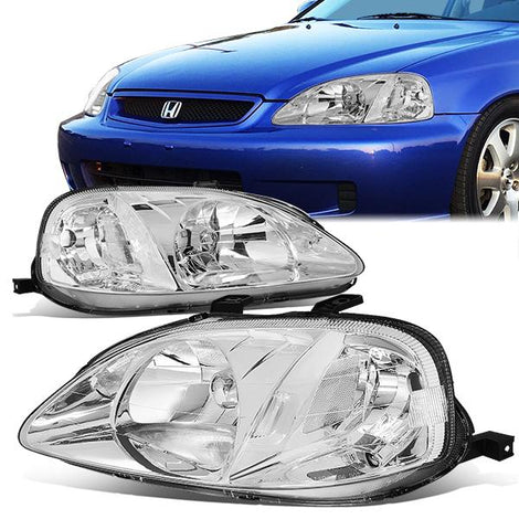 99-00 Honda Civic Headlights - Chrome Housing - Plug-n-Play - Pair