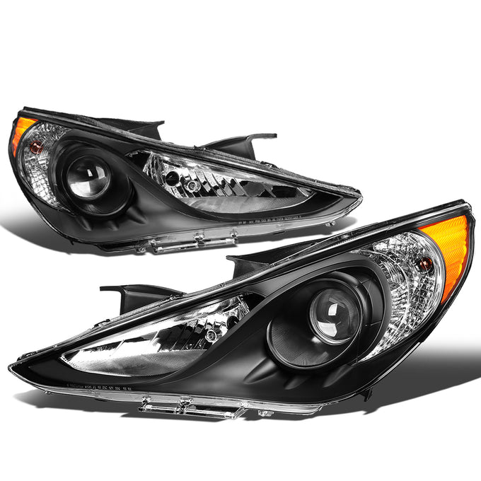 D-Motoring - Headlights - Black Housing - Clear Lens - Amber Corner - Projector - Plug-n-Play - Pair - 11-14 Hyundai Sonata - 1