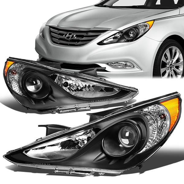 11-14 Hyundai Sonata Headlights - Black Housing - Clear Lens - Amber Corner - Projector - Plug-n-Play - Pair