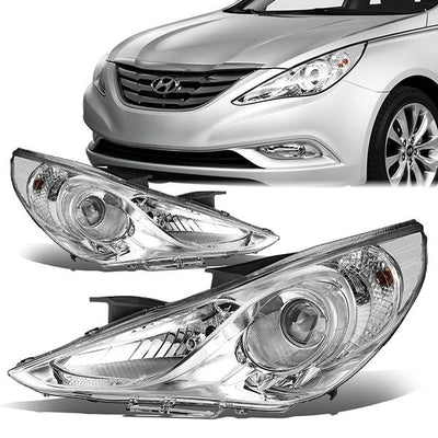 11-14 Hyundai Sonata Headlights - Chrome Housing - Clear Lens - Clear Corner - Projector - Plug-n-Play - Pair