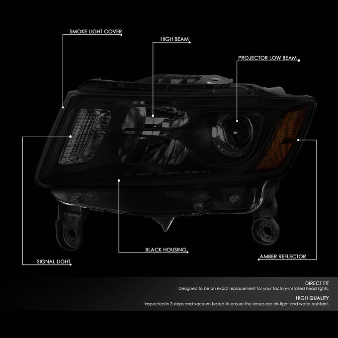 D-Motoring - 14-16 Jeep Grand Cherokee Headlights - Smoked Lens - Amber Corner - Projector - Plug-n-Play - Pair - 2