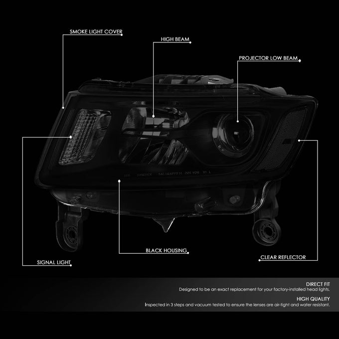 D-Motoring - 14-16 Jeep Grand Cherokee Headlights - Smoked Lens - Clear Corner - Projector - Plug-n-Play - Pair - 2