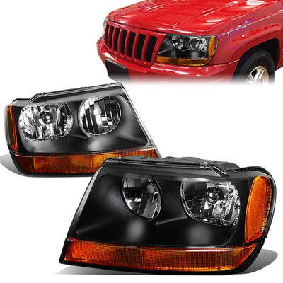 99-04 Jeep Grand Cherokee Headlights - Black Housing - Amber Corner - Plug-n-Play - Pair