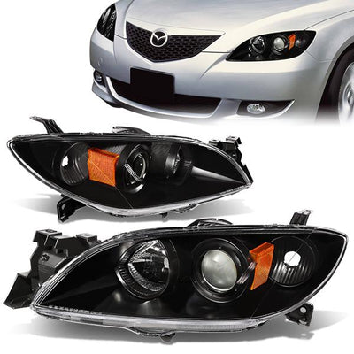 04-09 Mazda 3 Headlights - Black Housing - Amber Corner - Projector - Plug-n-Play - Pair