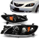 04-09 Mazda 3 Headlights - Black Housing - Amber Corner - Projector - Plug-n-Play - Pair