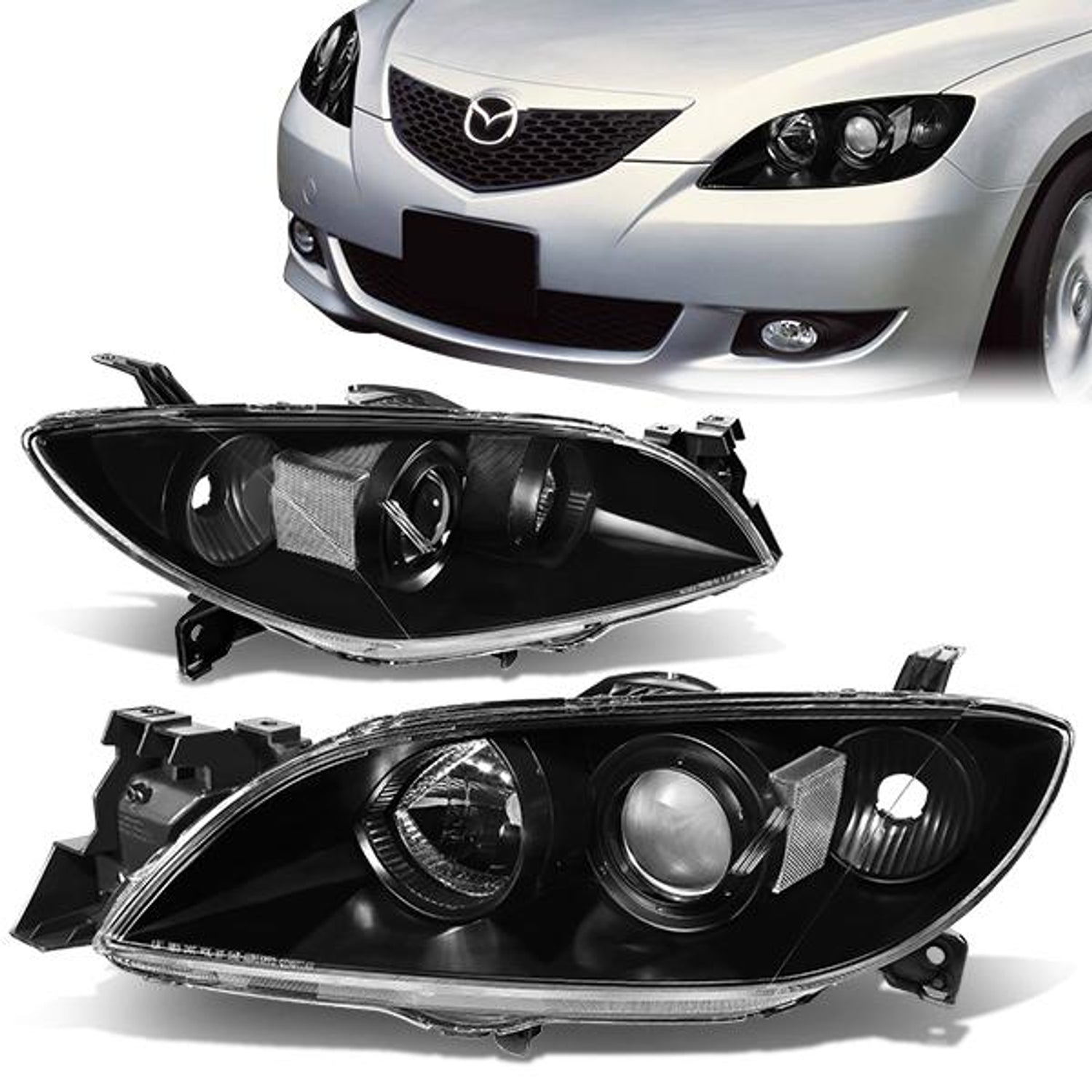 04-09 Mazda 3 Headlights - Black Housing - Projector - Plug-n-Play - Pair