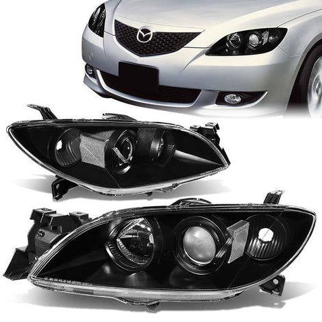 04-09 Mazda 3 Headlights - Black Housing - Projector - Plug-n-Play - Pair