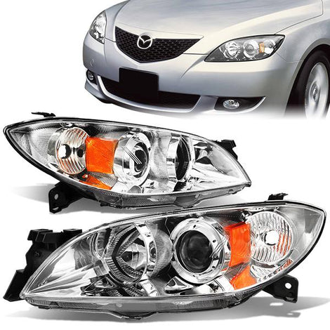 04-09 Mazda 3 Headlights - Chrome Housing - Amber Corner - Projector - Plug-n-Play - Pair