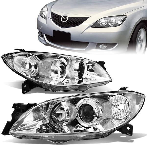 04-09 Mazda 3 Headlights - Chrome Housing - Projector - Plug-n-Play - Pair