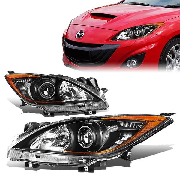 10-13 Mazda 3 Headlights - Black Housing - Amber Corner - Projector - Plug-n-Play - Pair