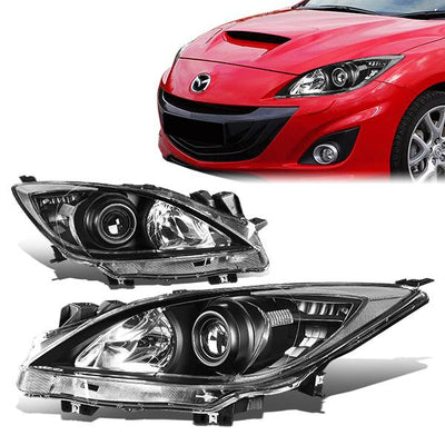 10-13 Mazda 3 Headlights - Black Housing - Clear Corner - Projector - Plug-n-Play - Pair