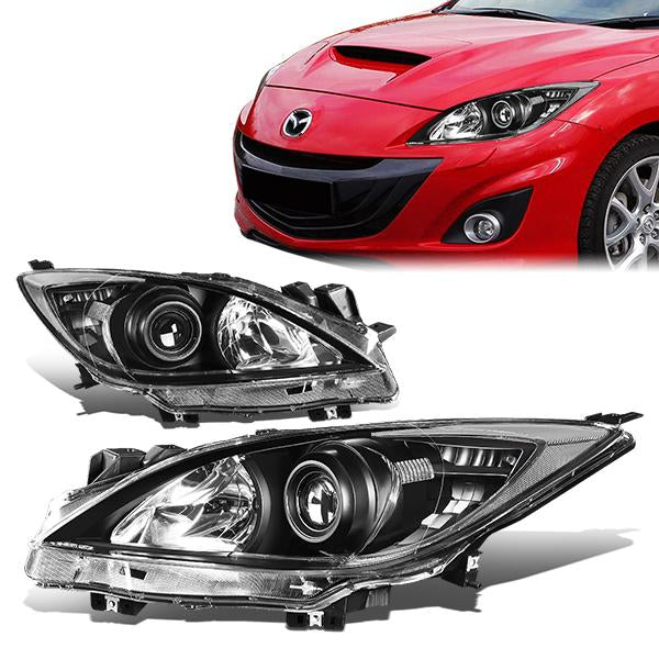 10-13 Mazda 3 Headlights - Black Housing - Clear Corner - Projector - Plug-n-Play - Pair