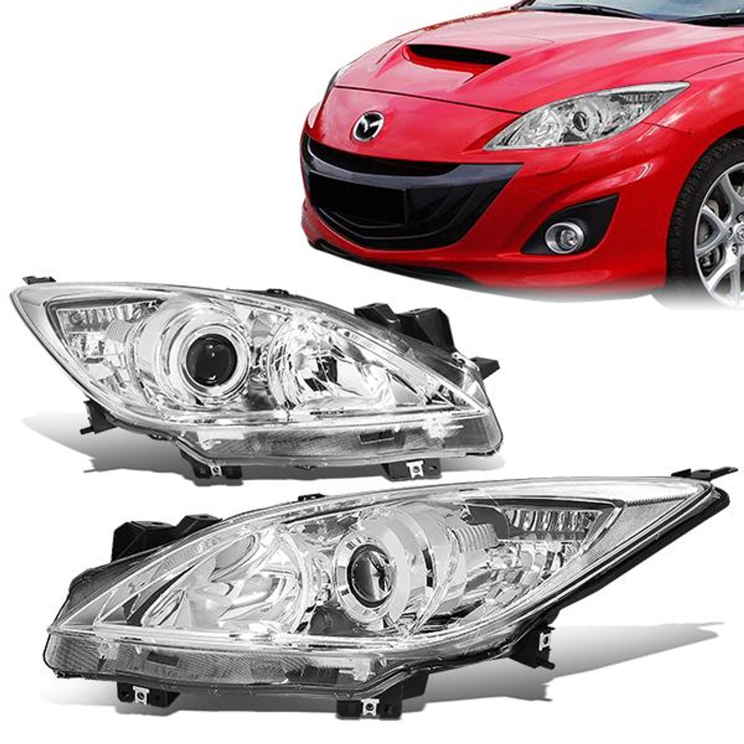 10-13 Mazda 3 Headlights - Chrome Housing - Clear Corner - Projector - Plug-n-Play - Pair