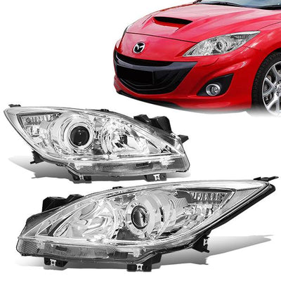 10-13 Mazda 3 Headlights - Chrome Housing - Clear Corner - Projector - Plug-n-Play - Pair