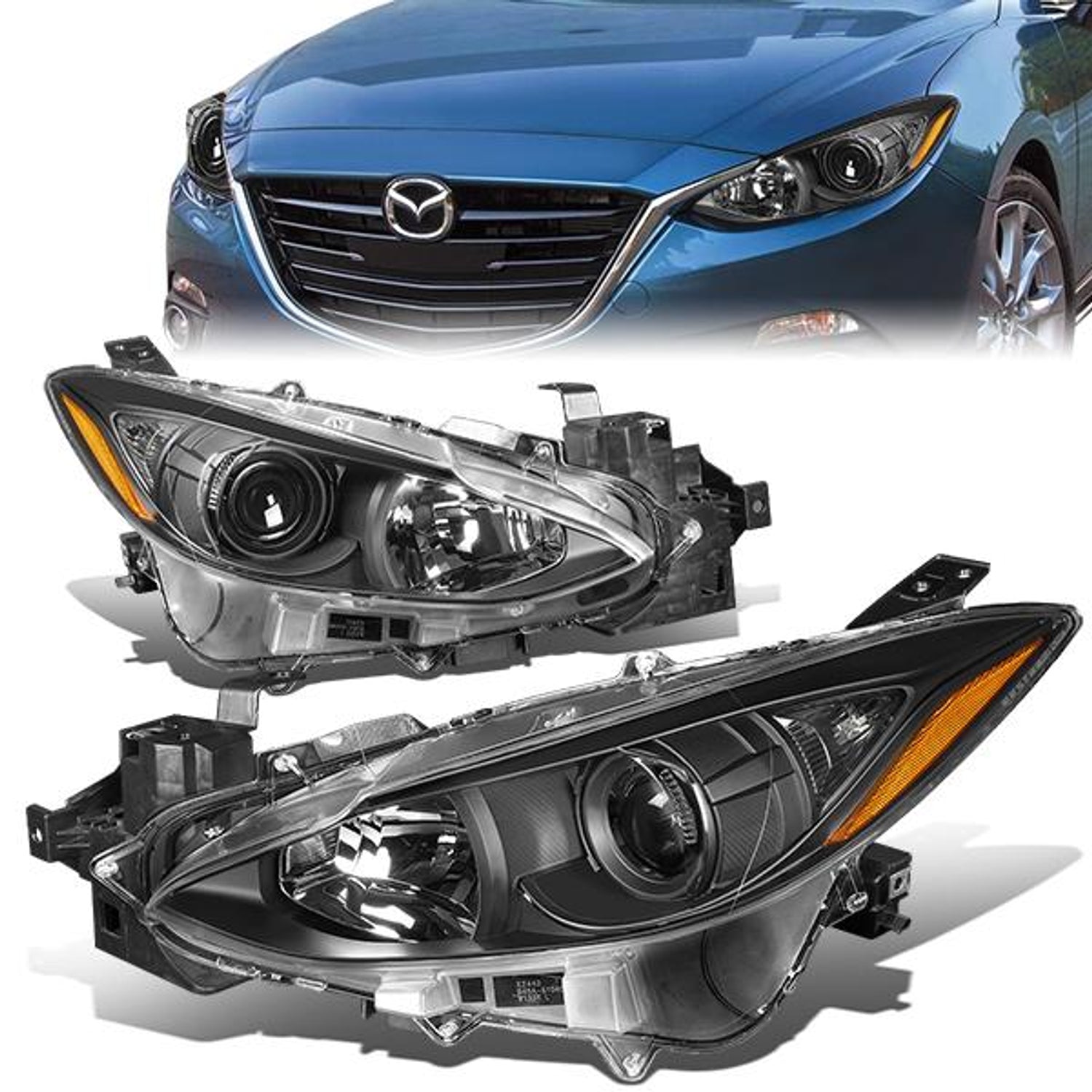 14-17 Mazda 3 Headlights - Black Housing - Amber Corner - Projector - Plug-n-Play - Pair