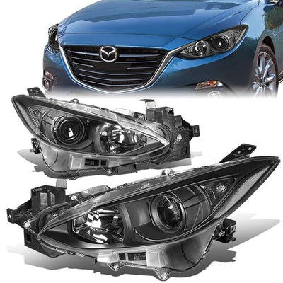 14-17 Mazda 3 Headlights - Black Housing - Projector - Plug-n-Play - Pair