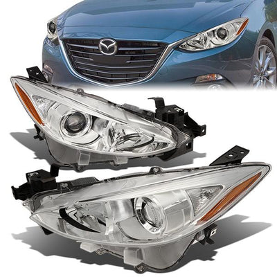 14-17 Mazda 3 Headlights - Chrome Housing - Amber Corner - Projector - Plug-n-Play - Pair