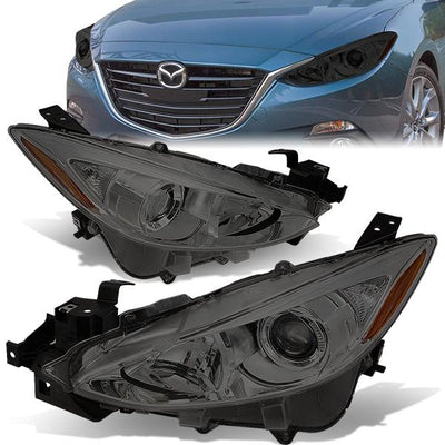 14-17 Mazda 3 Headlights - Smoked Housing - Amber Corner - Projector - Plug-n-Play - Pair