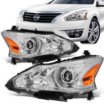 13-15 Nissan Altima Headlights - Halogen - Chrome Housing - Clear Lens - Amber Corner - Plug-n-Play - Pair