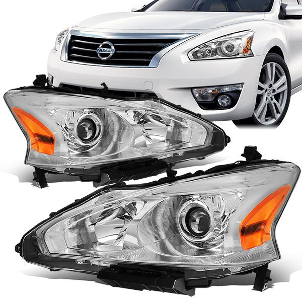 13-15 Nissan Altima Headlights - Halogen - Chrome Housing - Clear Lens - Amber Corner - Plug-n-Play - Pair