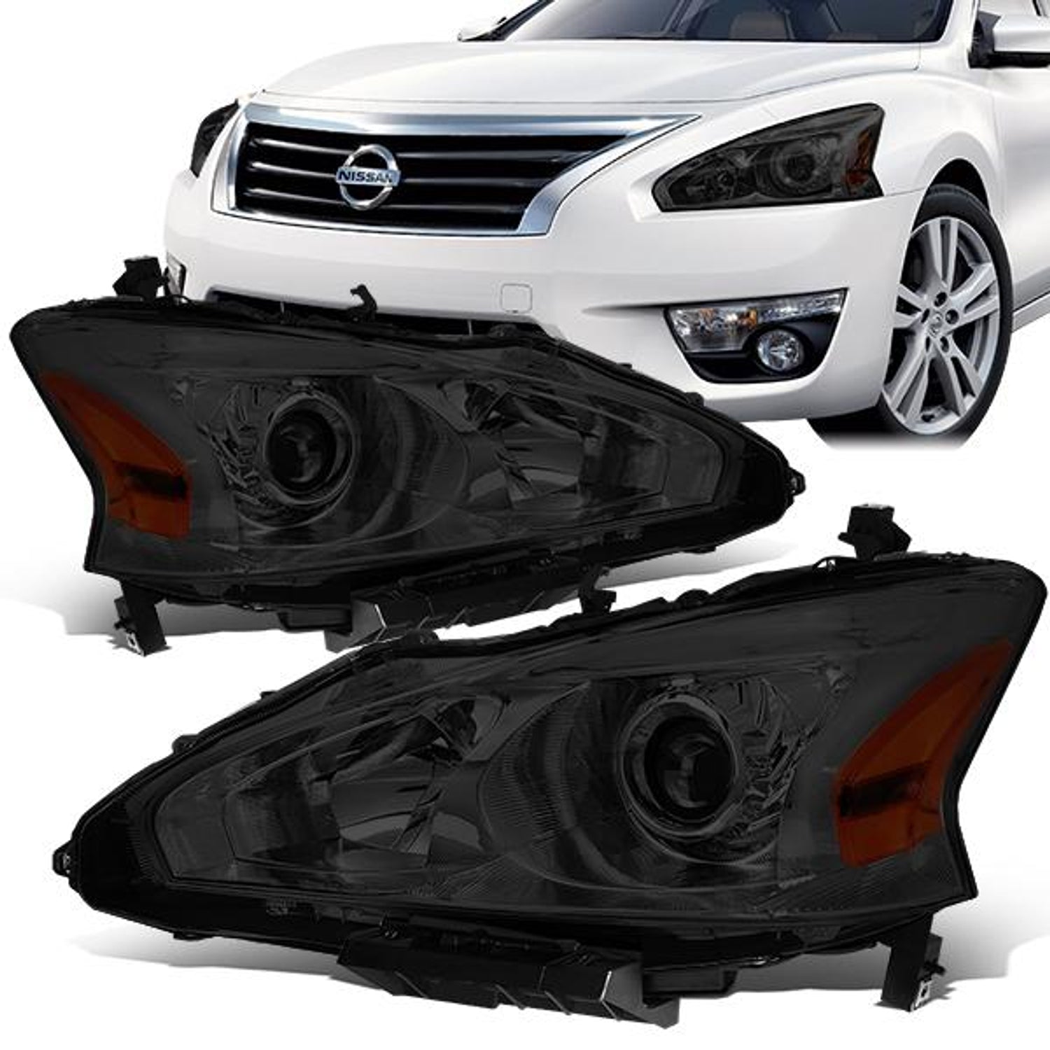 13-15 Nissan Altima Headlights - Halogen - Chrome Housing - Smoked Lens - Amber Corner - Plug-n-Play - Pair