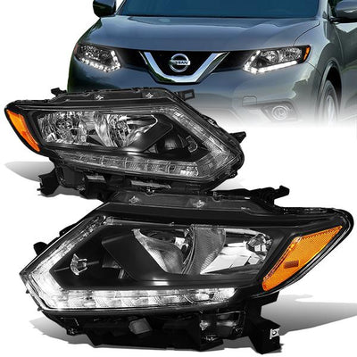14-16 Nissan Rogue Headlights - LED DRL - Black Housing - Clear Lens - Amber Corner - Plug-n-Play - Pair - 1
