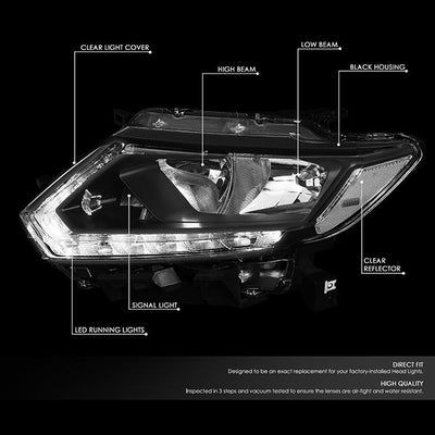 14-16 Nissan Rogue Headlights - LED DRL - Black Housing - Clear Lens - Clear Corner - Plug-n-Play - Pair - 2