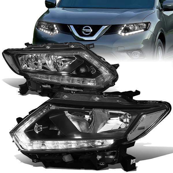 14-16 Nissan Rogue Headlights - LED DRL - Black Housing - Clear Lens - Clear Corner - Plug-n-Play - Pair - 1
