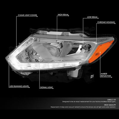 14-16 Nissan Rogue Headlights - LED DRL - Chrome Housing - Clear Lens - Amber Corner - Plug-n-Play - Pair - 2
